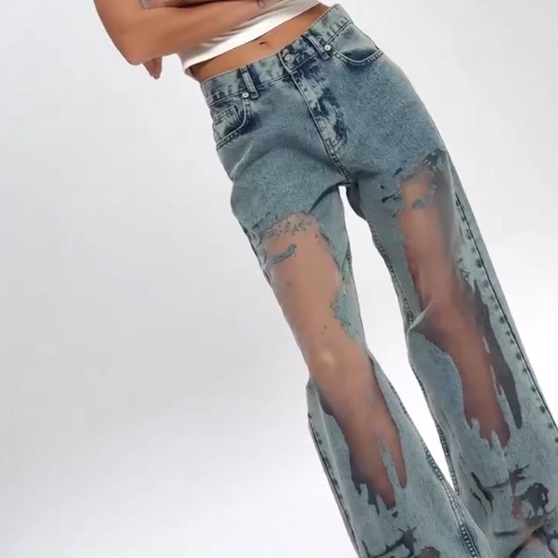 🌸NOUVELLE PROMOTION CHAUDE💥Jeans imprimées avec patchwork en maille vintage pour femmes👖