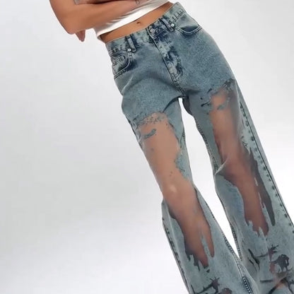 🌸NOUVELLE PROMOTION CHAUDE💥Jeans imprimées avec patchwork en maille vintage pour femmes👖