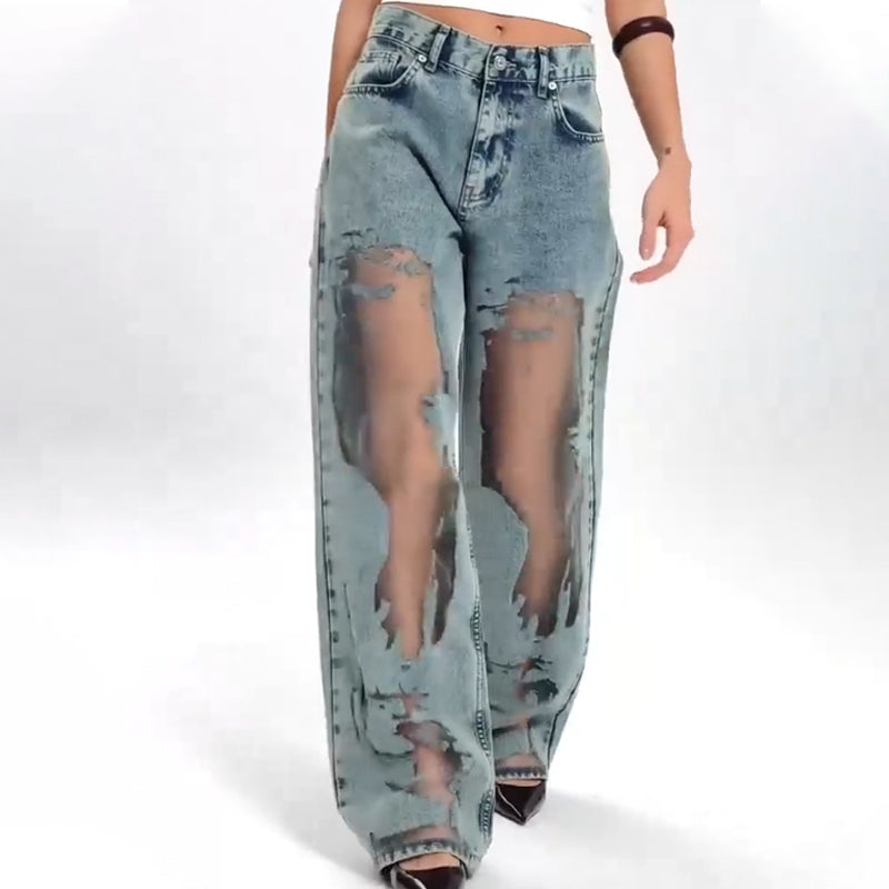 🌸NOUVELLE PROMOTION CHAUDE💥Jeans imprimées avec patchwork en maille vintage pour femmes👖