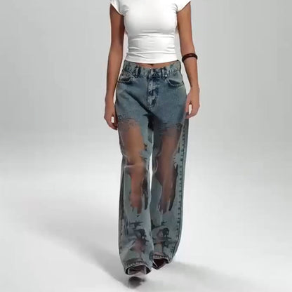 🌸NOUVELLE PROMOTION CHAUDE💥Jeans imprimées avec patchwork en maille vintage pour femmes👖