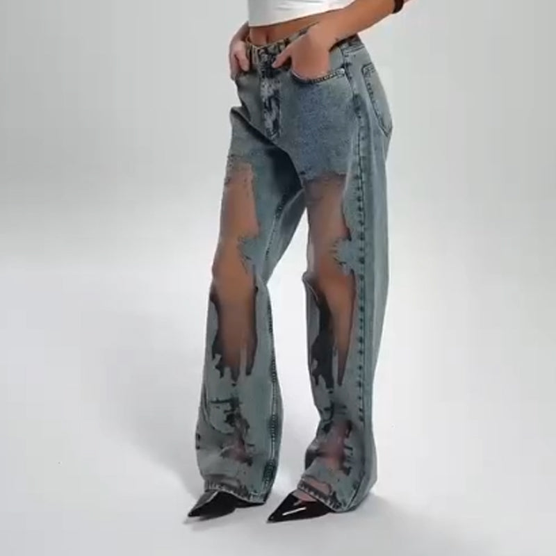 🌸NOUVELLE PROMOTION CHAUDE💥Jeans imprimées avec patchwork en maille vintage pour femmes👖