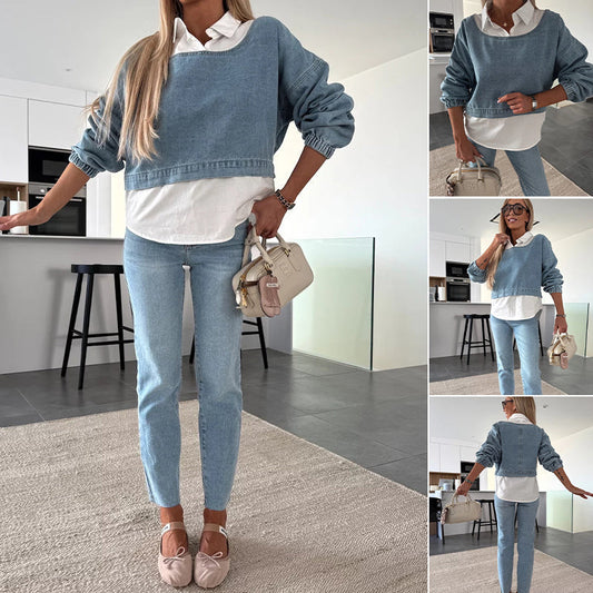 🩵Ensemble deux pièces à la mode composé d'un haut en jean à manches longues et d'un pantalon pour femmes