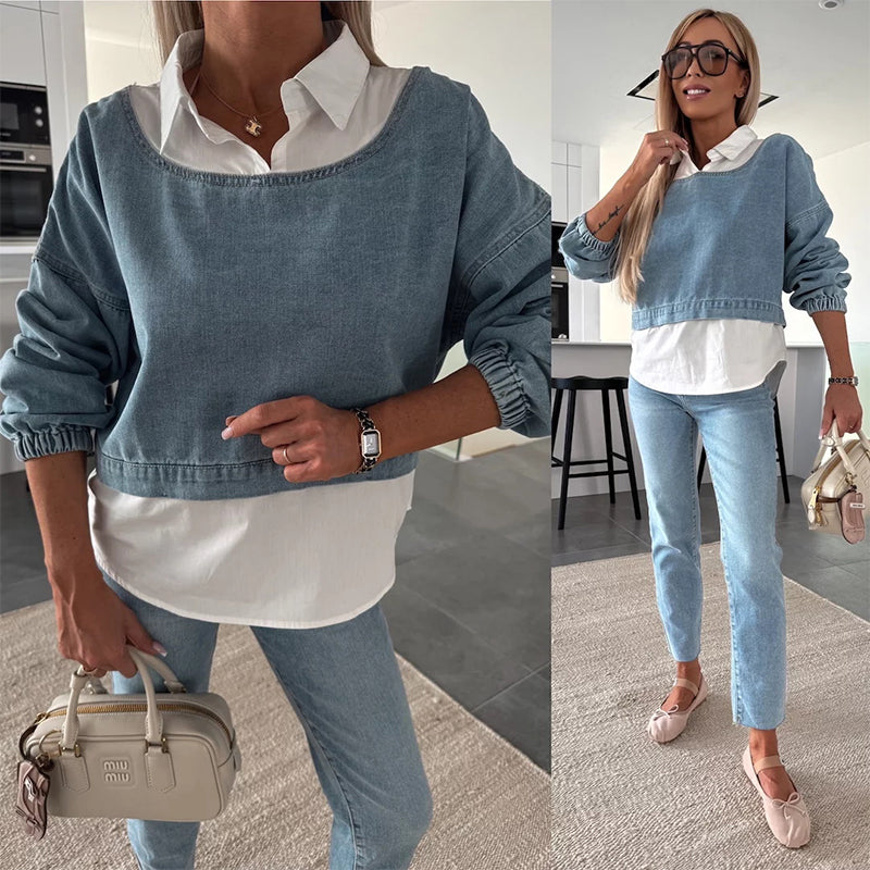 Ensemble deux pièces à la mode composé d'un haut en jean à manches longues et d'un pantalon pour femmes