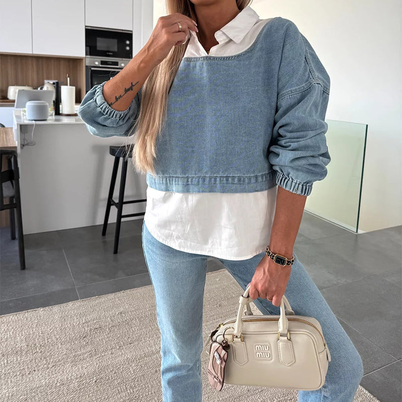 Ensemble deux pièces à la mode composé d'un haut en jean à manches longues et d'un pantalon pour femmes