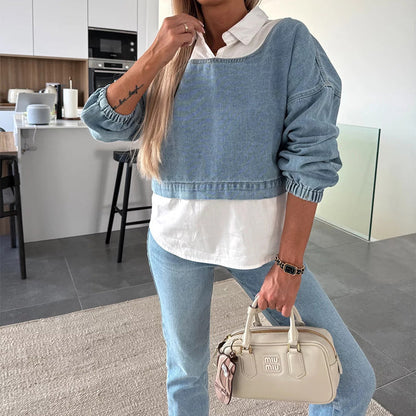 Ensemble deux pièces à la mode composé d'un haut en jean à manches longues et d'un pantalon pour femmes
