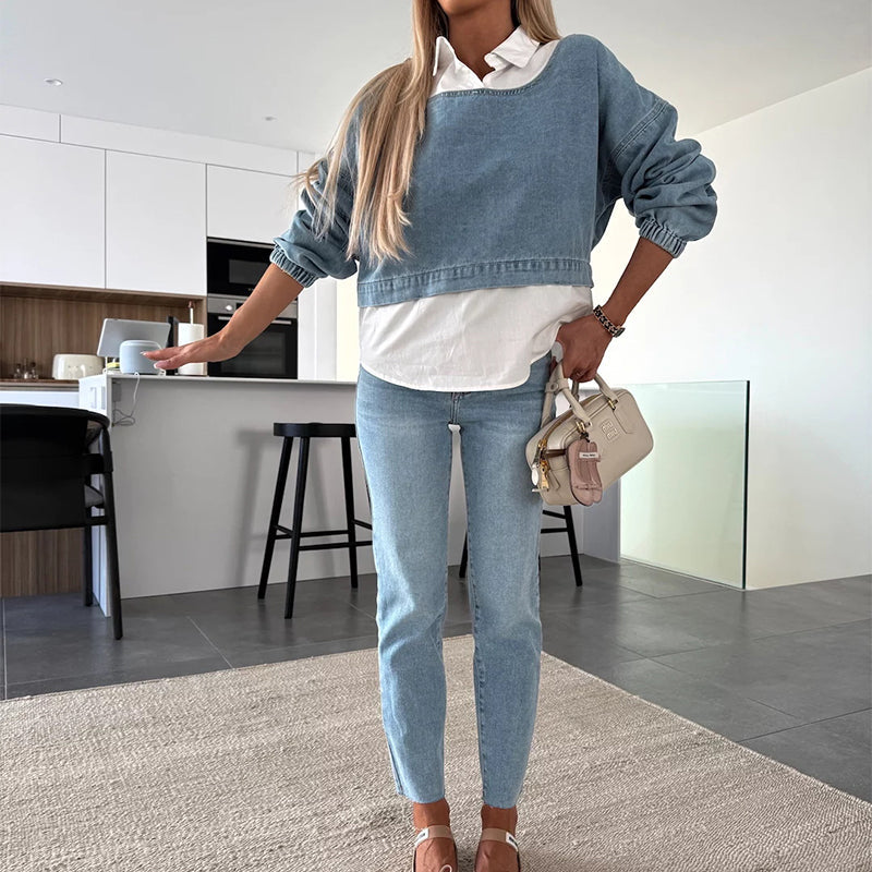 Ensemble deux pièces à la mode composé d'un haut en jean à manches longues et d'un pantalon pour femmes