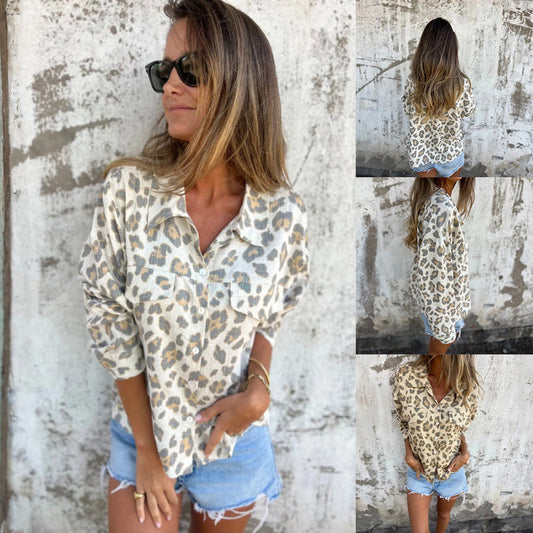 Chemise Vintage Imprimée à Col et Manches Longues