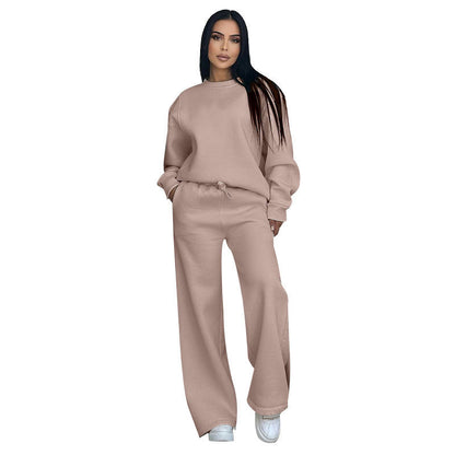 🔥Rabais saisonniers🔥 Haut à manches longues et pantalon ample à col rond de couleur unie (ensemble 2 pièces)