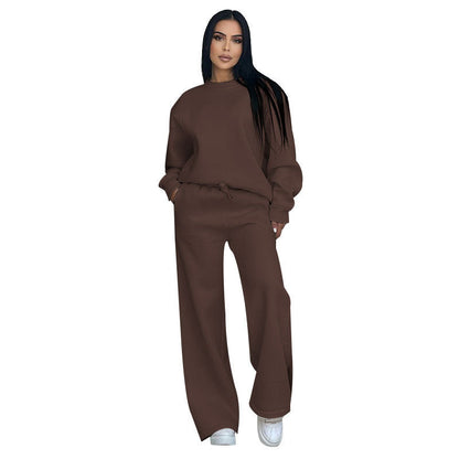 🔥Rabais saisonniers🔥 Haut à manches longues et pantalon ample à col rond de couleur unie (ensemble 2 pièces)