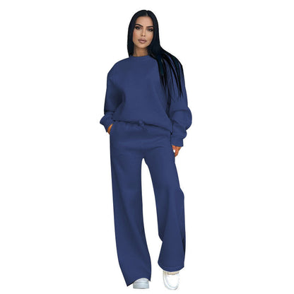 🔥Rabais saisonniers🔥 Haut à manches longues et pantalon ample à col rond de couleur unie (ensemble 2 pièces)