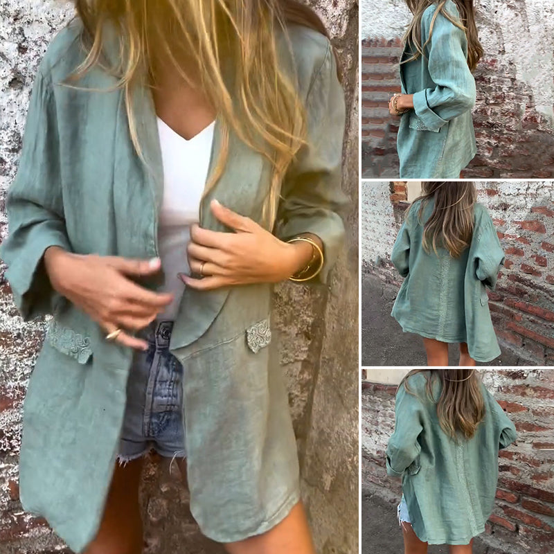 Blazer à ouverture frontale en coton et lin pour femmes