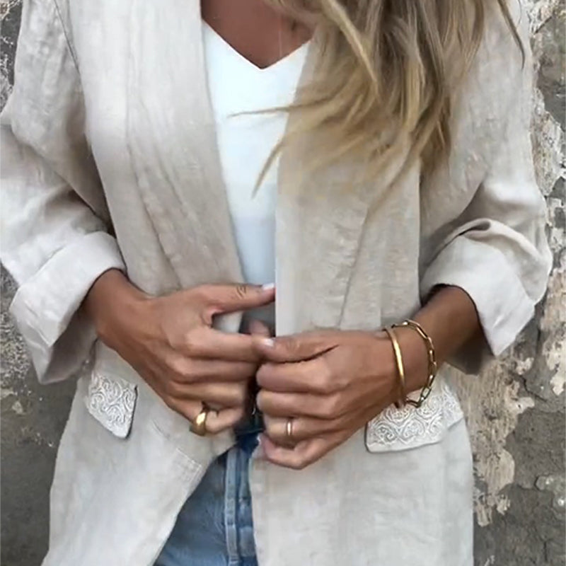 Blazer à ouverture frontale en coton et lin pour femmes