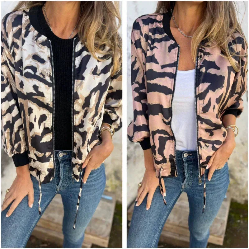 Veste bomber zippée à imprimé zèbre pour femme en automne