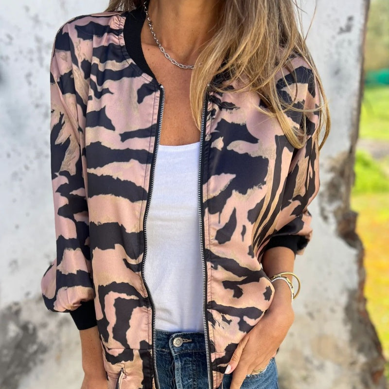 Veste bomber zippée à imprimé zèbre pour femme en automne