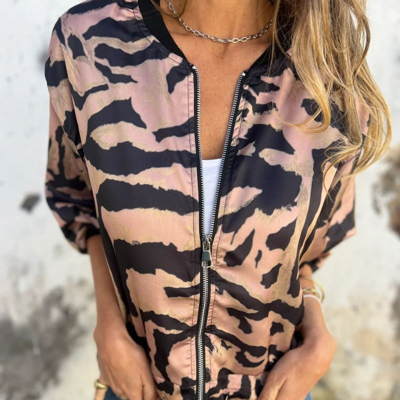 Veste bomber zippée à imprimé zèbre pour femme en automne