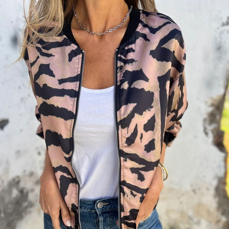 Veste bomber zippée à imprimé zèbre pour femme en automne