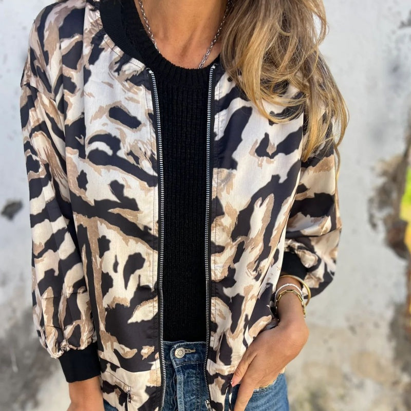 Veste bomber zippée à imprimé zèbre pour femme en automne