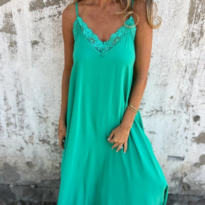 Elégante robe maxi décolleté V à bretelles spaghetti et dentelle pour femme