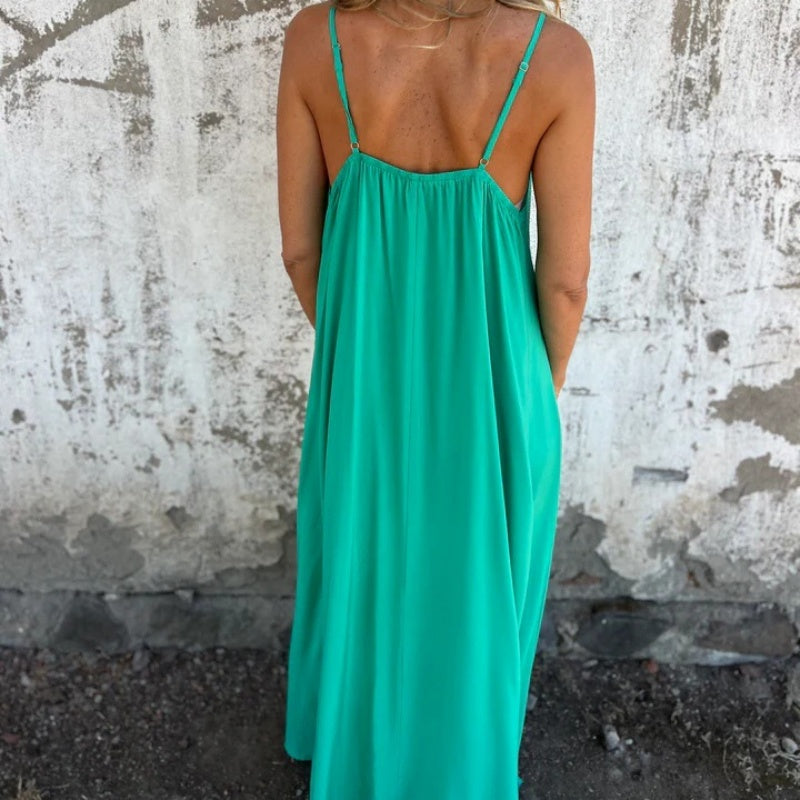 Elégante robe maxi décolleté V à bretelles spaghetti et dentelle pour femme