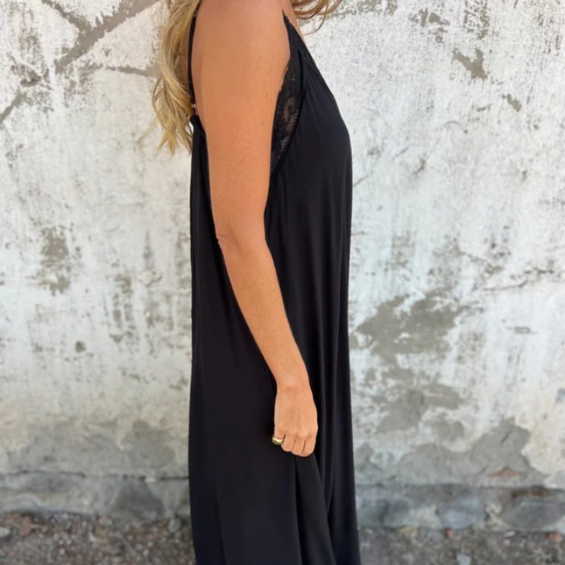 Elégante robe maxi décolleté V à bretelles spaghetti et dentelle pour femme