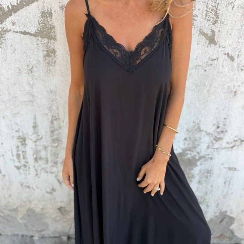 Elégante robe maxi décolleté V à bretelles spaghetti et dentelle pour femme
