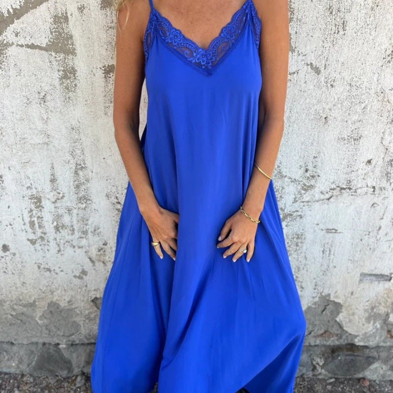 Elégante robe maxi décolleté V à bretelles spaghetti et dentelle pour femme