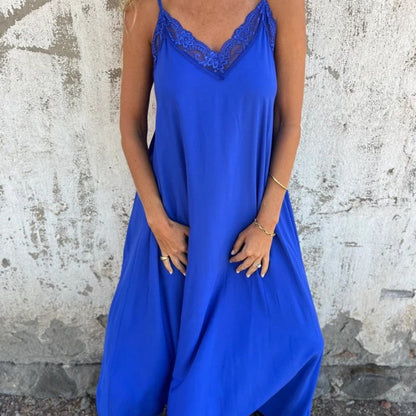 Elégante robe maxi décolleté V à bretelles spaghetti et dentelle pour femme