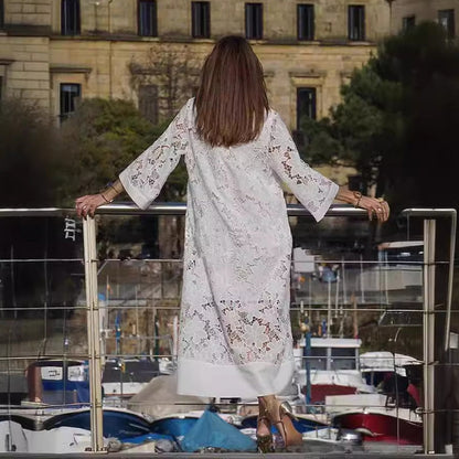 👗Spécial printemps🔥Robe fluide en dentelle à col en V et manches trois-quarts