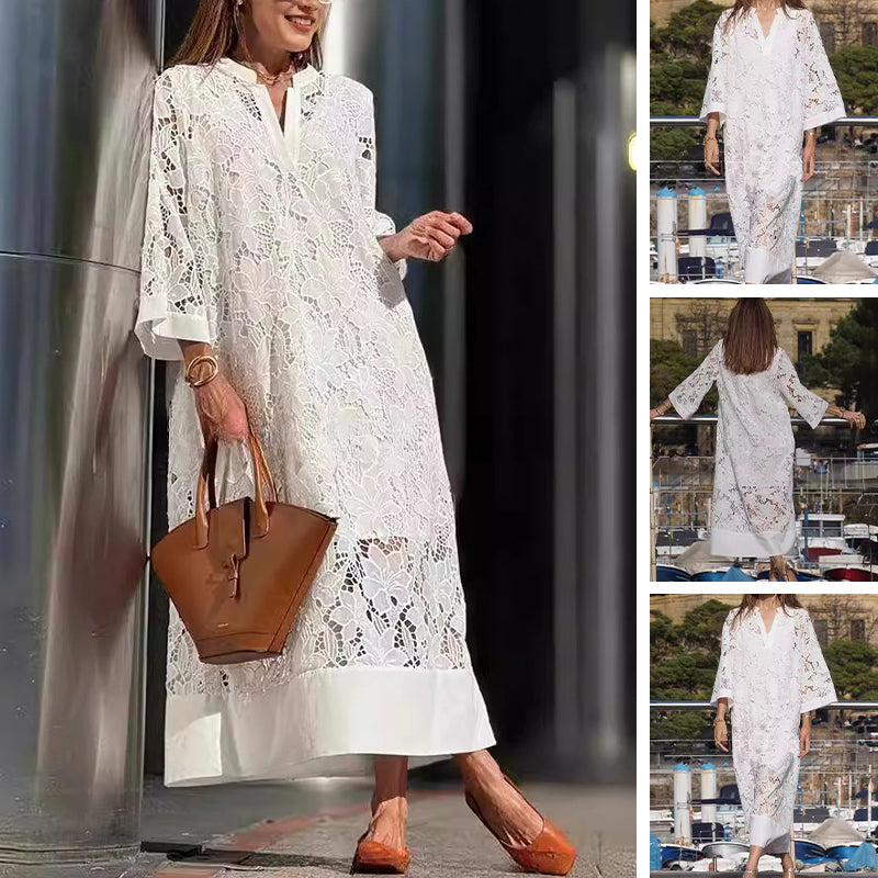 👗Spécial printemps🔥Robe fluide en dentelle à col en V et manches trois-quarts
