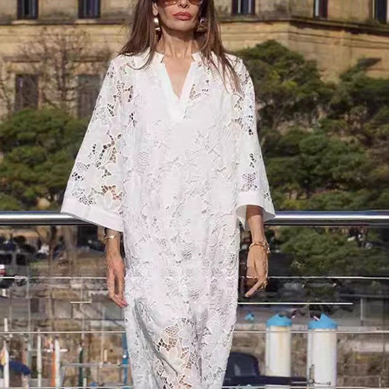 👗Spécial printemps🔥Robe fluide en dentelle à col en V et manches trois-quarts