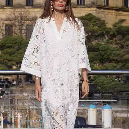 👗Spécial printemps🔥Robe fluide en dentelle à col en V et manches trois-quarts