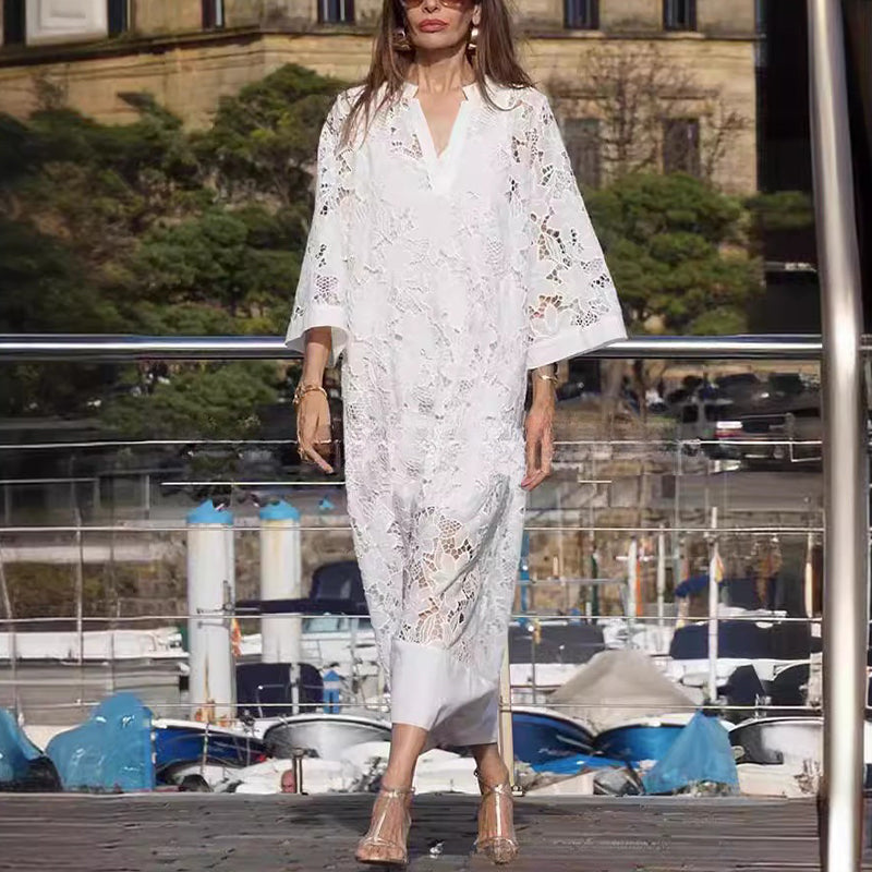 👗Spécial printemps🔥Robe fluide en dentelle à col en V et manches trois-quarts