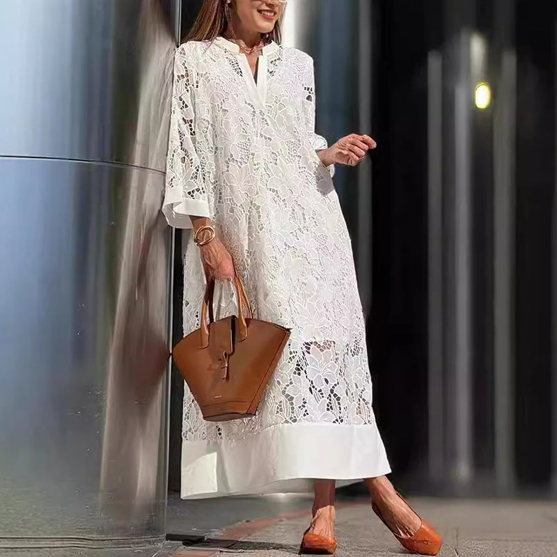 👗Spécial printemps🔥Robe fluide en dentelle à col en V et manches trois-quarts