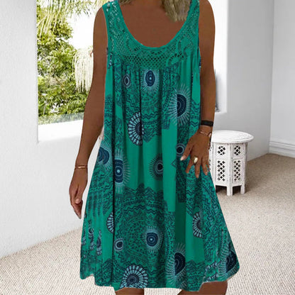 🔥Robe sans manches à col rond imprimée pour femmes