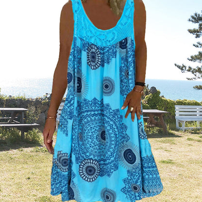 🔥Robe sans manches à col rond imprimée pour femmes