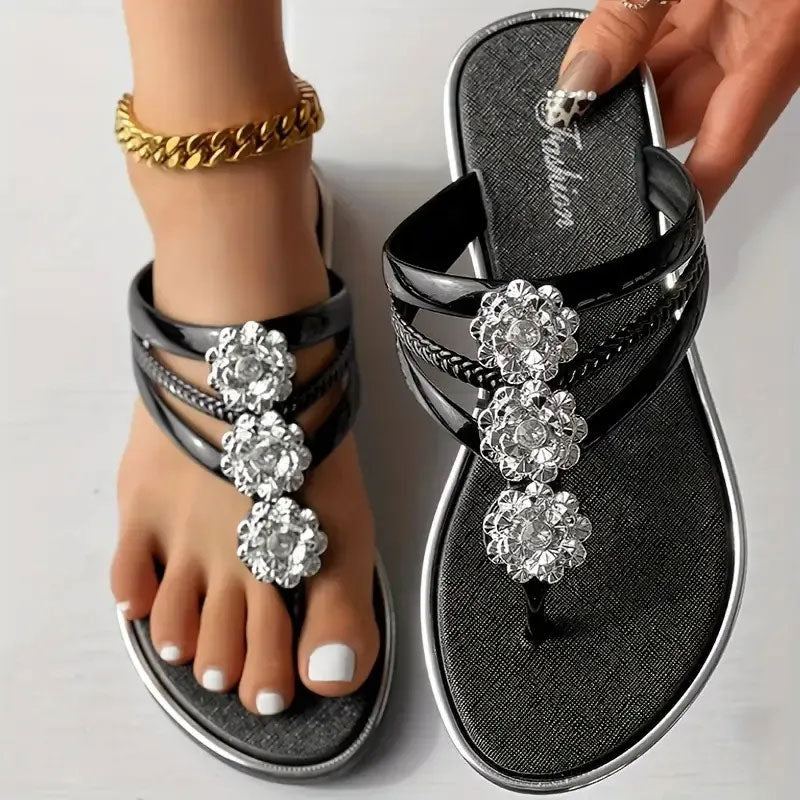 Sandales Plates Décontractées à Fleurs Décoratives pour Femmes