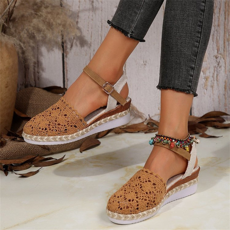 Sandales à Talons Wedge en Crochet à Bout Fermé pour Femmes