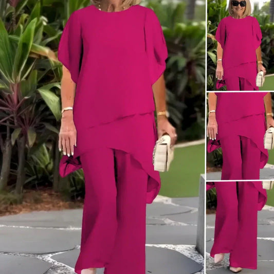 ✨️Nouveaux arrivages✨️Deux-pièces pour femmes : Charmant top asymétrique & pantalon à jambes larges(🔥52 % de réduction)