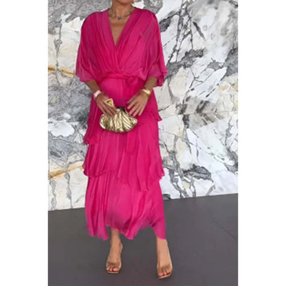 Robe Élégante Superposée à Col en V et Taille Cintrée avec Ceinture