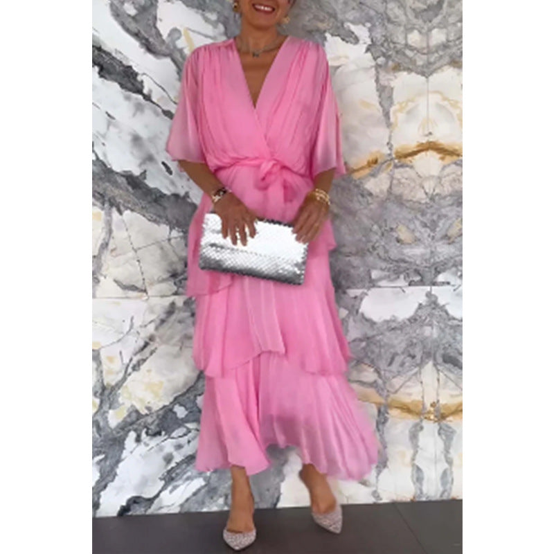 Robe Élégante Superposée à Col en V et Taille Cintrée avec Ceinture