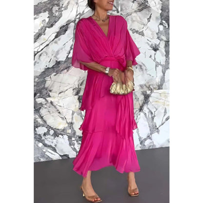 Robe Élégante Superposée à Col en V et Taille Cintrée avec Ceinture