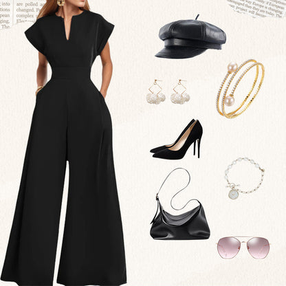 50%Rabatt🔥Damen-Jumpsuit mit V-Ausschnitt, kurzen Ärmeln und weitem Bein
