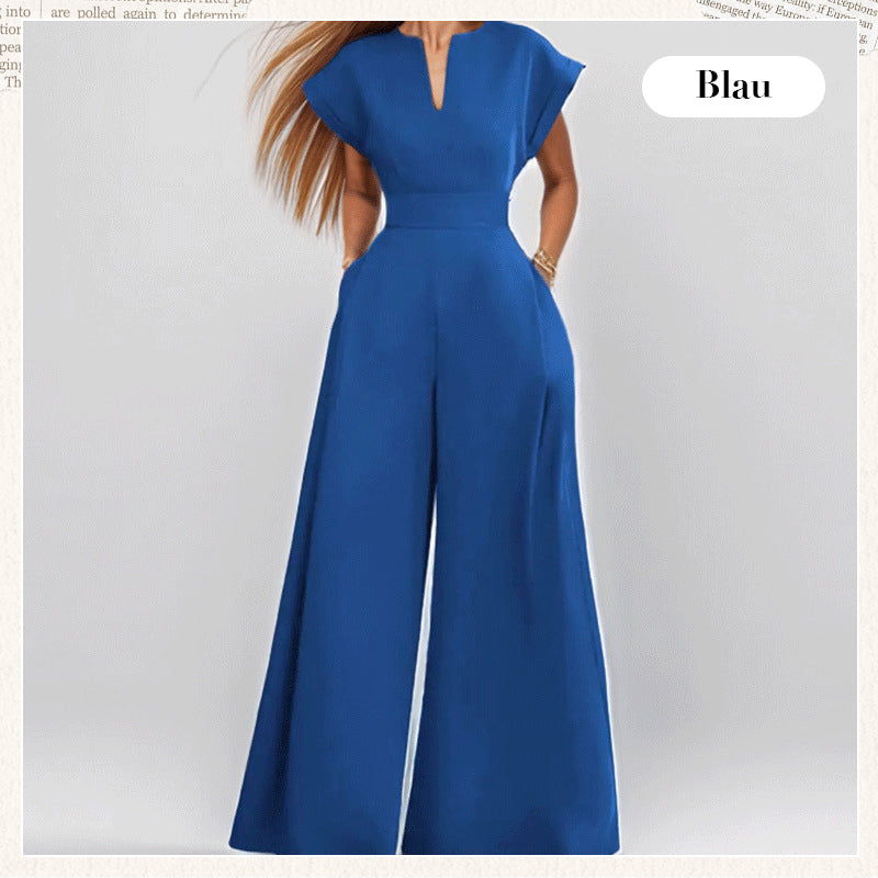 50%Rabatt🔥Damen-Jumpsuit mit V-Ausschnitt, kurzen Ärmeln und weitem Bein