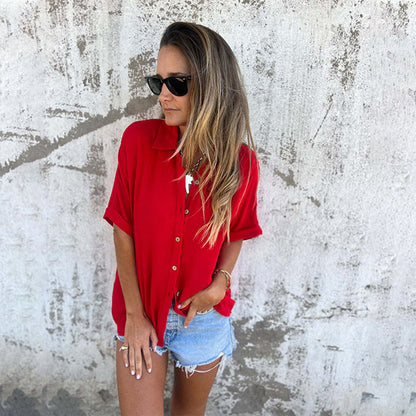 🌸Promotions de printemps💐👗 Chemise décontractée à coupe ample de couleur unie pour femmes