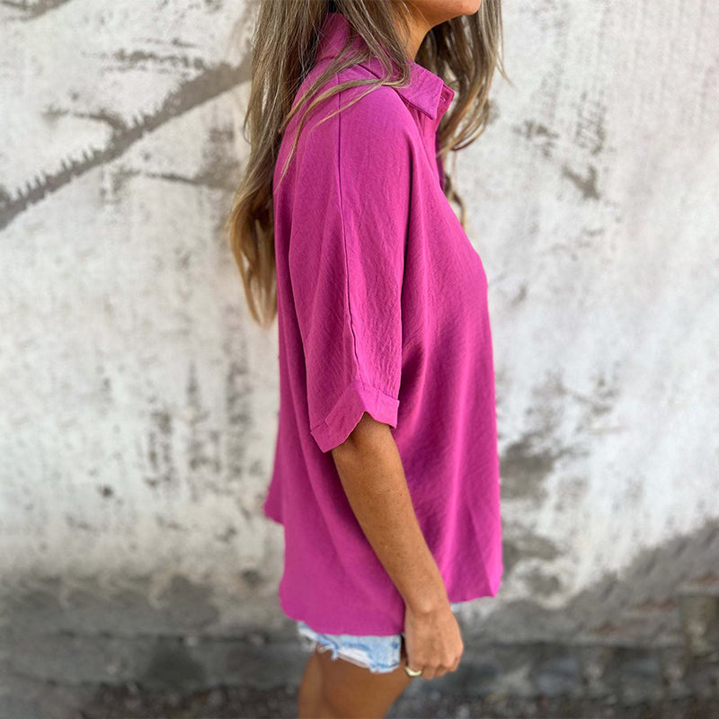 🌸Promotions de printemps💐👗 Chemise décontractée à coupe ample de couleur unie pour femmes