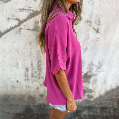 🌸Promotions de printemps💐👗 Chemise décontractée à coupe ample de couleur unie pour femmes