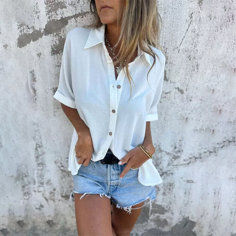 🌸Promotions de printemps💐👗 Chemise décontractée à coupe ample de couleur unie pour femmes