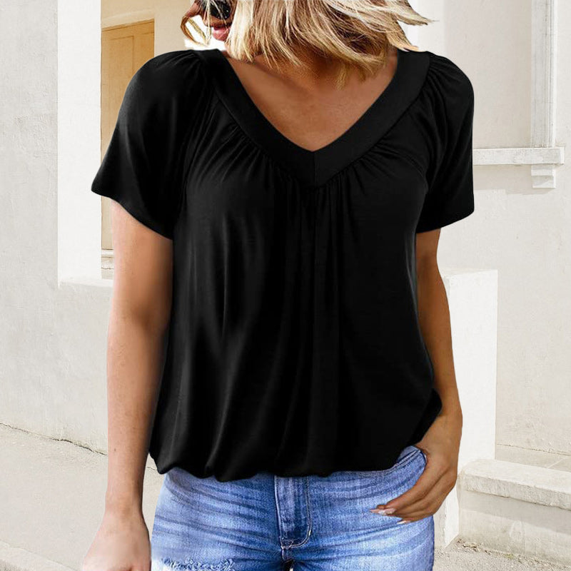 ✨Vente Chaude 2025 - Remise de 50%✨ Haut à Manches Courtes Plissé et Col en V Décontracté pour Femmes