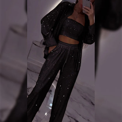 🌟👠Indispensable pour les fêtards brillants✨ Blazer éblouissant et pantalon large, élégant et grandiose, parfait pour les fêtes !