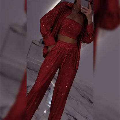 🌟👠Indispensable pour les fêtards brillants✨ Blazer éblouissant et pantalon large, élégant et grandiose, parfait pour les fêtes !